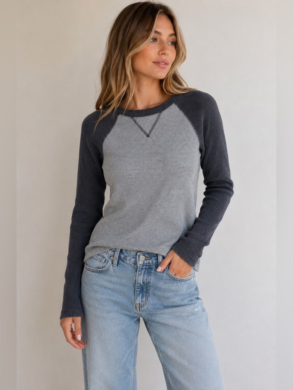 Edikted Gray Colorblock Waffle Knit Raglan Long Sleeve Top NWT XS